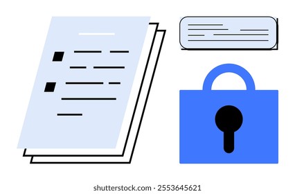 A blue and black symbol highlighting two papers stacked with minimal text and a blue lock with a keyhole. Ideal for data security, file protection, privacy, confidentiality, and information