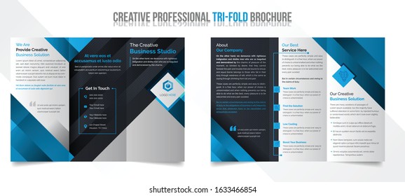 Blue black triangle geometric Tri-fold brochure vector template. simple and eye catching modern tri fold brochure or booklet