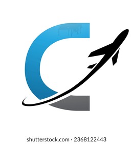 Blue and Black Uppercase Letter C Icon with an Airplane on a White Background