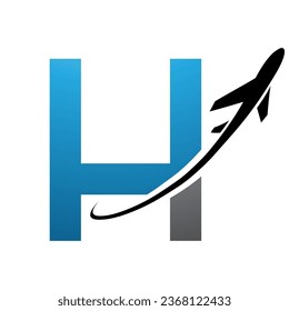 Blue and Black Uppercase Letter H Icon with an Airplane on a White Background