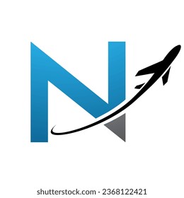 Blue and Black Uppercase Letter N Icon with an Airplane on a White Background