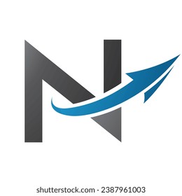 Blue and Black Uppercase Letter N Icon with an Arrow on a White Background