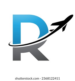 Blue and Black Uppercase Letter R Icon with an Airplane on a White Background