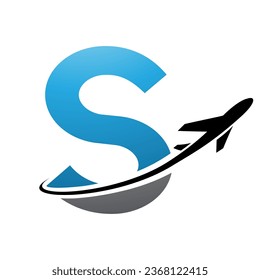 Blue and Black Uppercase Letter S Icon with an Airplane on a White Background