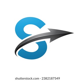 Blue and Black Uppercase Letter S Icon with a Glossy Arrow on a White Background