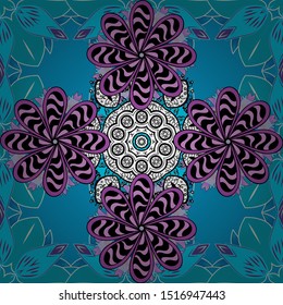 Blue, black and violet round texture in Vector illustration. Floral ornament seamless pattern.