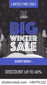 Blue and black web banner big winter sale with trees, plate special offer and shop now