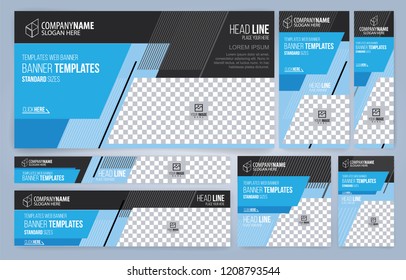 Blue and Black Web banners templates, standard sizes with space for photo, modern design