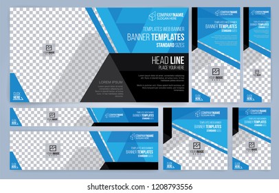 Blue and Black Web banners templates, standard sizes with space for photo, modern design