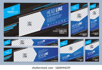 Blue and Black Web banners templates, standard sizes with space for photo, modern design