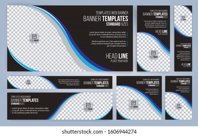 Blue and Black Web banners templates, standard sizes with space for photo, modern design