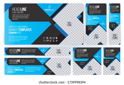 Blue and Black Web banners templates, standard sizes with space for photo, modern design
