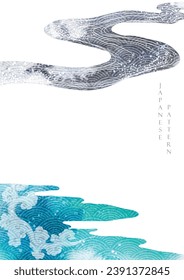 Blue, black and white brush stroke texture with Japanese ocean wave pattern in vintage style. Abstract art landscape banner design with watercolor texture vector. Geometric pattern.