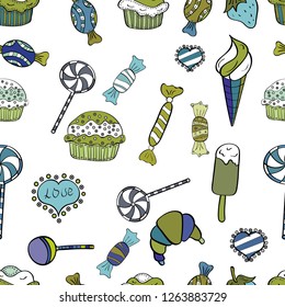 Blue, black and white color. Endless pattern, blue, black and white background. Wrapping paper. Vector illustration. Seamless pattern with sweet desserts. Cream.