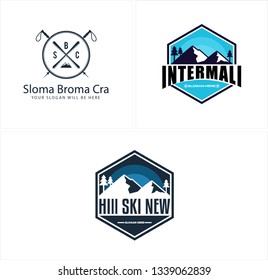 Blue black white line art tree mountain hexagon spear badge combination mark logo design concept suitable for ski hill sport shop retail