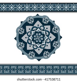 Blue, black and white mandala, circle ornament, oriental pattern on white, ornamental round lace