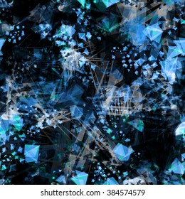 Blue, black, white and navy stains and scratches. Vector abstract seamless background. Ice crystals. Colors like a blurred and watercolor effect. From the triangular elements
