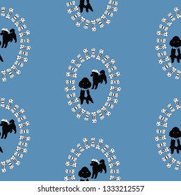 Blue, black and white seamless vector background with elements of happy dogs. Perfect for fabric, invitations, gift wrapping paper, wall paper, dog fabric, scrapbooking, home decor and projects.