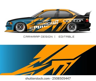 Diseño de automóviles azul, negro y amarillo con Plantilla editable para proyectos de marca automotriz, entusiastas de los automóviles y modificaciones personalizadas de automóviles.