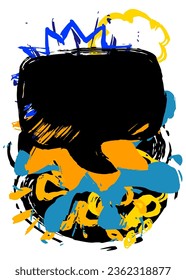 Blue, black and yellow graffiti speech bubble. Vector messaging sign performed in urban painting style.