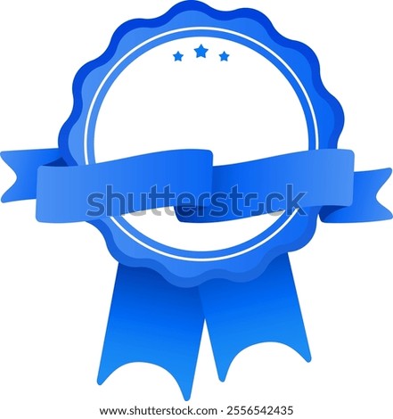 Blue blank award ribbon featuring three stars and ample copy space, representing achievement, quality, and recognition for excellence in various competitions and contests