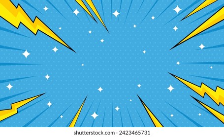 Blue Blank Comic Cartoon Background Vector with Thounder Powers and Rays, Comic blue burst background with star, comic abstract pop art background with thunder illustration