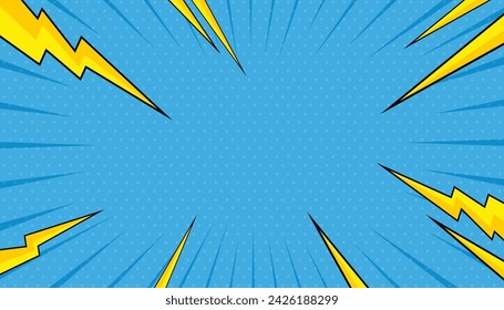 Blue Blank Comic Cartoon Background Vector with Thounder Powers, Clouds, and Rays