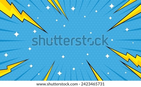 Blue Blank Comic Cartoon Background Vector with Thounder Powers and Rays, Comic blue burst background with star, comic abstract pop art background with thunder illustration