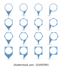 Blue blank map pin sign location icon with circular copy space and gray shadow, reflection on white background  in simple flat style. Web design element save in vector illustration 8 eps