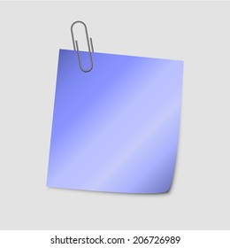 Blue blank paper note with paper clip, isolated on white background. Vector illustration.