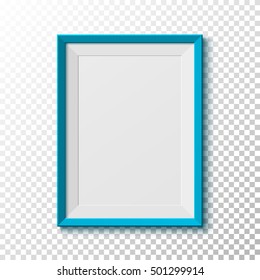 Blue, blank picture  frame isolated on transparent background. Vector illustration.