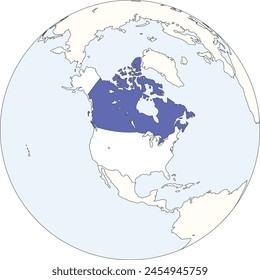 Mapa político en blanco azul de CANADÁ con superficies oceánicas de color azul claro en el fondo del globo terrestre utilizando proyección ortográfica del continente blanco de América del Norte