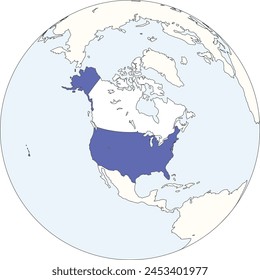 Mapa político en blanco azul de los Estados Unidos con superficies oceánicas de color azul claro sobre fondo del globo terrestre utilizando proyección ortográfica del continente blanco de América del Norte