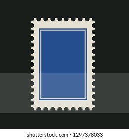 Blue blank postage stamp. Toothed border sticker. Vector flat style illustration on dark