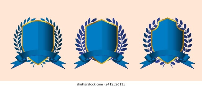 Blue blank shield and laurel wreath collection with ribbon design.