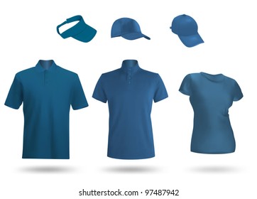 Blue blank unisex uniform template: polo, t-shirt, visor and baseball caps.