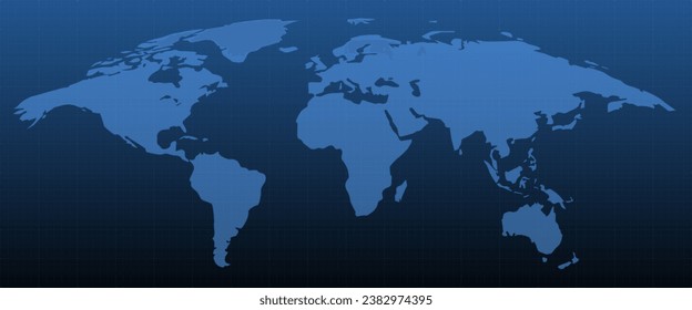 Blue blank vector world map isolated on dark blue background. Flat earth, globe world map icon. Blue geopolitical map of World. Top view with background grid. Vector illustration