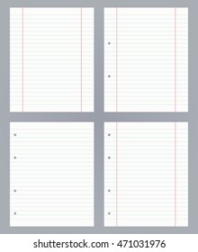 Blue Blank White Worksheet Lined Exercise Book. Vector Striped Exercise Book Isolated On Gray Background. Illustration Sheet Paper In Lines With Two Red Fields And Binding For Coil Binding Or Spiral.