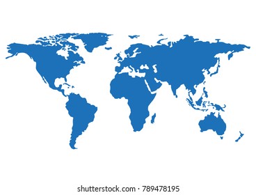 Blue blank world map, Isolated on white background.