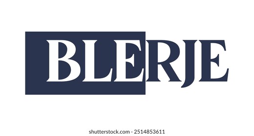 Vector de texto azul BLERJE, logotipo de producción, idioma albanés, fondo blanco.