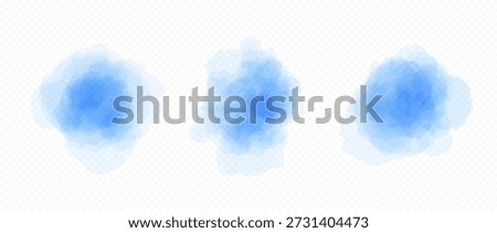 Blue blobs set in watercolor style. Soft blue watercolour texture splash effects. Vector round paint brush shape element collection. Abstract pastel color splatters, spots, stains and drops. Vector