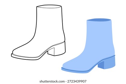 Azul bloco calcanhar calcanhar bota mulheres cor mais conjunto de linha. Limpar bota de eixo para o guia de calçado e projeto de marca. Ilustração de moda técnica CAD mockup vetor misto homem unisex estilo elegante isolado