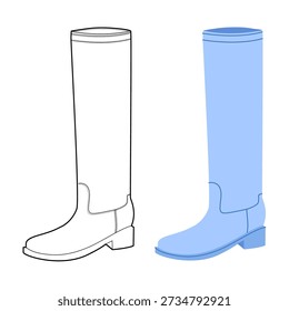 Blue block heel knee-high boot women flat plus line set. Tall shaft with chunky heel for night out lifestyle look. Technical fashion illustration CAD mockup mixed vector men unisex isolated chic style