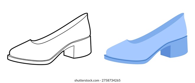 Blue block heel pump shoe women flat plus line set. Closed toe dress shoe for travel, minimal chic outfit. Technical fashion illustration, CAD mockup, mixed vector men unisex isolated stylish style.