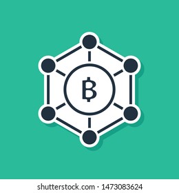 Blue Blockchain technology Bitcoin icon isolated on green background. Abstract geometric block chain network technology business.  Vector Illustration