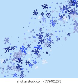 Blue blots on a blue background. Abstraction with blots. Blue confetti. A scattering of blots. Blue flowers. Spring. A scattering of confetti. Placer from the flowers.