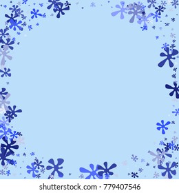 Blue blots on a blue background. Abstraction with blots. Blue confetti. A scattering of blots. Blue flowers. Spring. A scattering of confetti. Placer from the flowers.