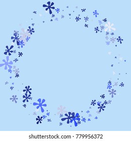 Blue blots on a blue background. Abstraction with blots. Blue confetti. A scattering of blots. Blue flowers. Spring. A scattering of confetti. Placer from the flowers.