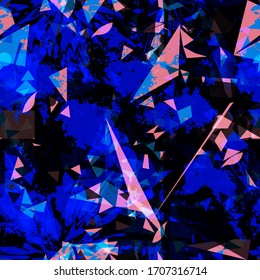 Blue blots and pink triangles on black backdrop. Seamless texture. Abstract vector background for web page, banners backdrop, fabric, home decor, wrapping
