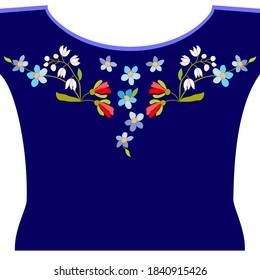 Blue blouse, ornament, bluish, turquoise wildflowers, lily of the valley, red buds, green leaves, hand-drawn for embroidery on neckline blouse or dress, vector on a dark background